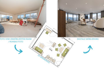 Ablauf der Digitalen Möblierung / Digital Home Staging Raum von leerstehend zu Digital Möbliert